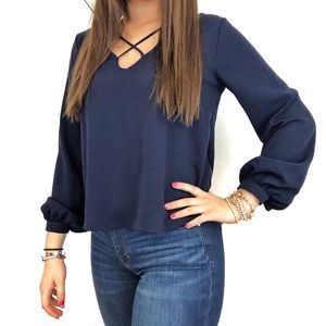 Lush Crossover Navy Blue Long Sleeve Blouse Small.